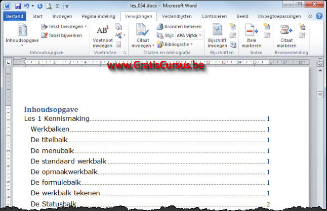 galblaas Verheugen Disciplinair gratis cursus Word 2010 - Inhoudsopgave (1)